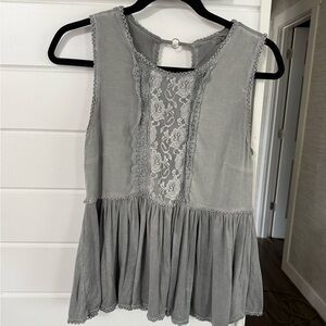 POL Grey Lace-Front Sleeveless Peplum Tank